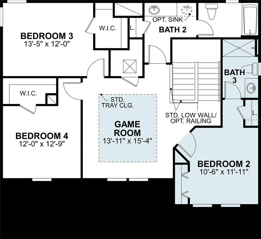This floor plan shows the upper level of a house with three bedrooms and bathrooms — 5596 FREESIA DRIVE, LAKELAND, FL