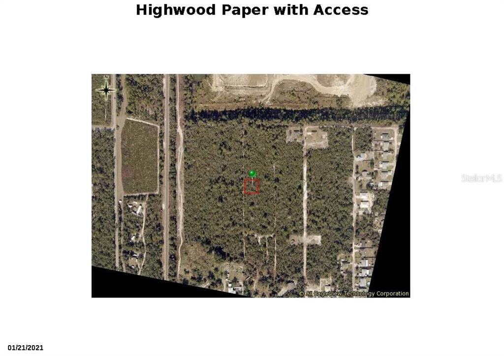 This is an aerial map view of a wooded lot with a red location marker — HIGHWOOD (PAPER) AVENUE, ORANGE CITY, FL