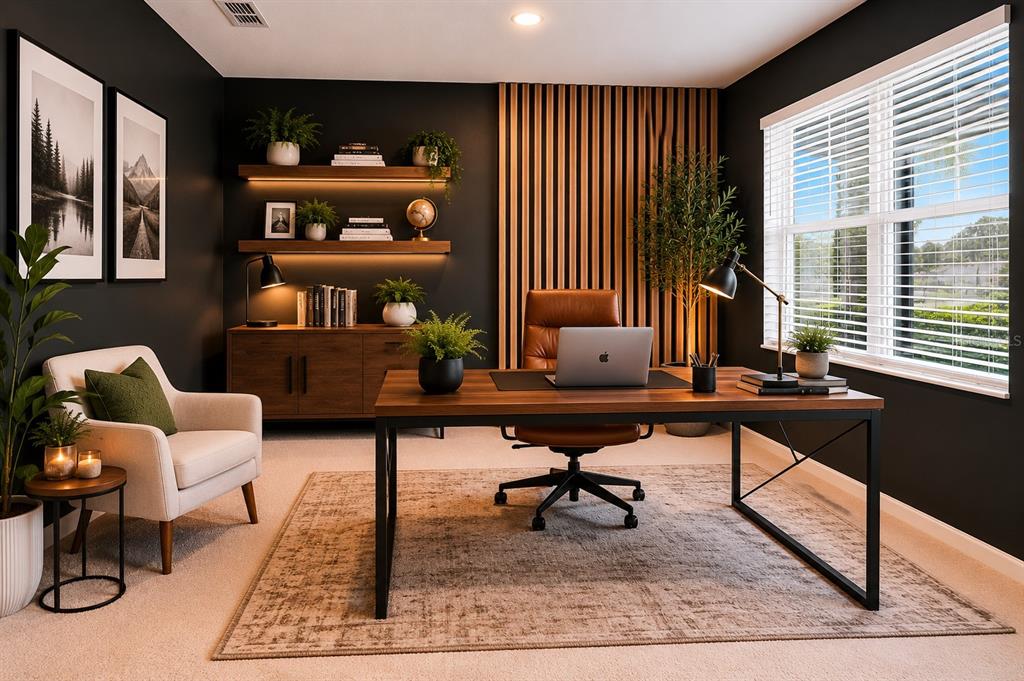 A modern home office features dark walls, wood slat paneling, a desk, and a lounge chair — 531 LAZIO CIRCLE, DEBARY, FL