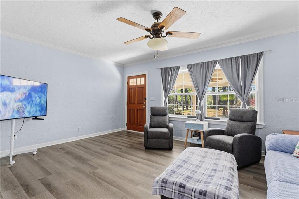 A living room features light blue walls, wood-look flooring, a ceiling fan, and two armchairs — 24224 NW 188TH AVENUE, HIGH SPRINGS, FL