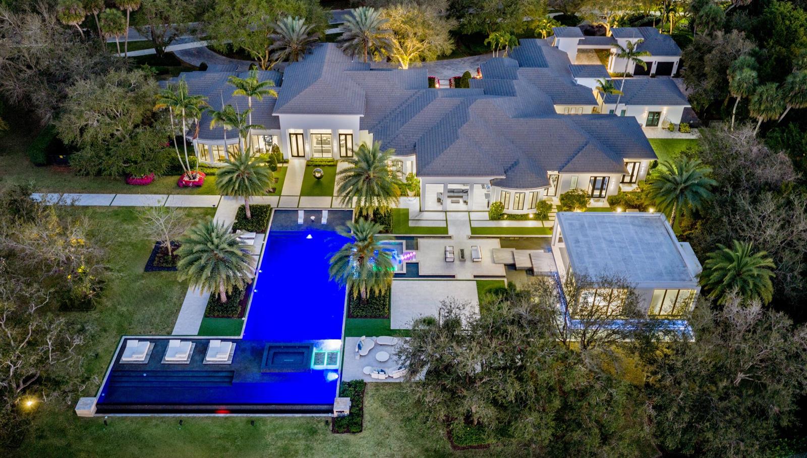 An aerial view of a large luxury estate featuring a pool, patio, and landscaped grounds — 16191 Quiet Vista Circle, Delray Beach FL 33446, DELRAY BEACH, FL