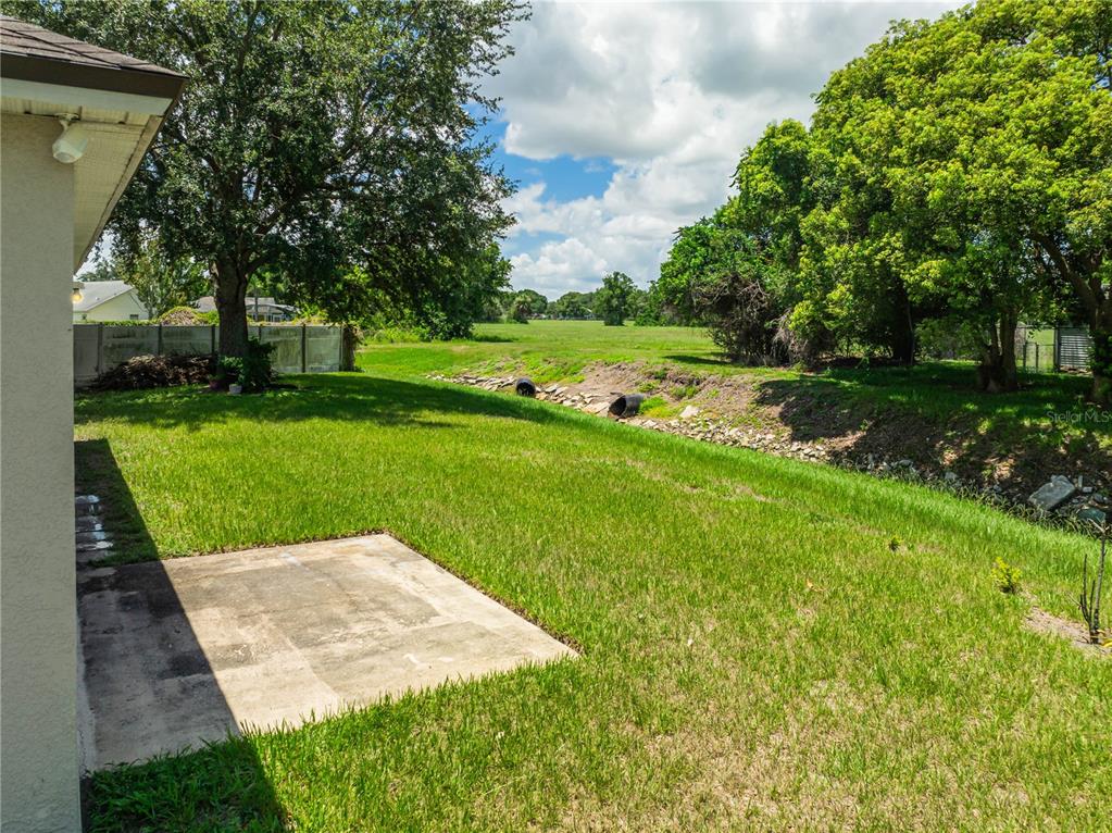 A grassy backyard features a concrete patio, a drainage ditch, and mature trees — 2944 COOL BREEZE CIRCLE, ST CLOUD, FL