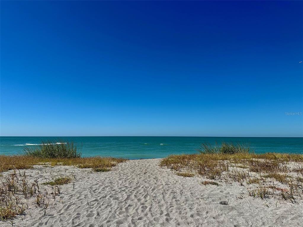 A sandy path leads through beach grass toward the ocean under a clear blue sky — 500 PARK BOULEVARD S UNIT 46, VENICE, FL