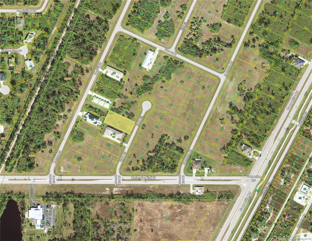 This is an aerial map showing residential lots and streets in a suburban neighborhood — 9 HYDE COURT, ROTONDA WEST, FL