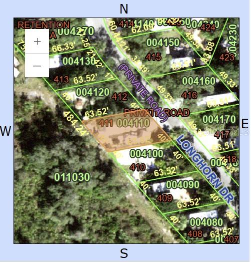This is a property tax map showing parcel 411 and surrounding lots along Longhorn Drive — 411 LONGHORN DRIVE, LAKE WALES, FL