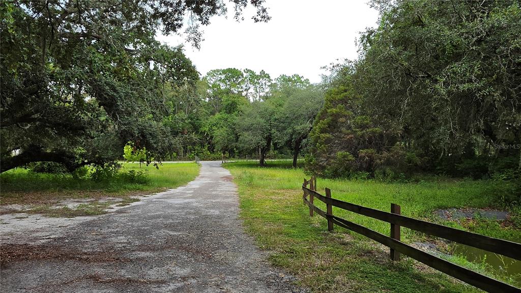 A gravel driveway leads toward a wooded area past a wooden fence and grassy field — 12590 NW 82ND COURT, CHIEFLAND, FL