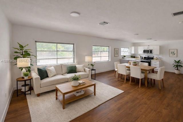 An open-concept living room and kitchen featuring light-colored furniture, wood-look flooring, and large windows — 6875 NW 4th Ave # A, Miami FL 33150, MIAMI, FL