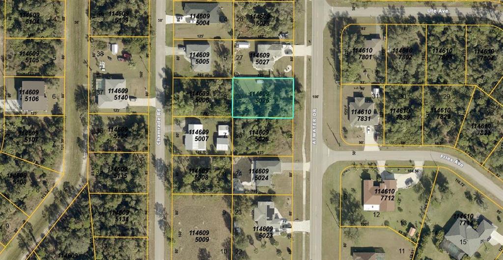 This is an aerial map showing residential lots and street layouts in a neighborhood — 0 ATWATER DRIVE, NORTH PORT, FL