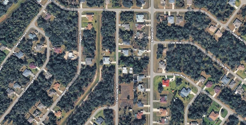 This is an aerial map view of a residential neighborhood with houses and streets — 0 ATWATER DRIVE, NORTH PORT, FL