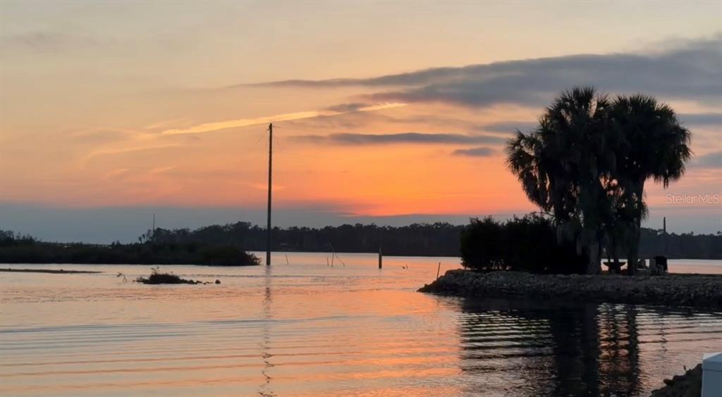 A sunset view over a calm body of water with a palm tree and utility pole — 12390 W STANDISH, HOMOSASSA, FL