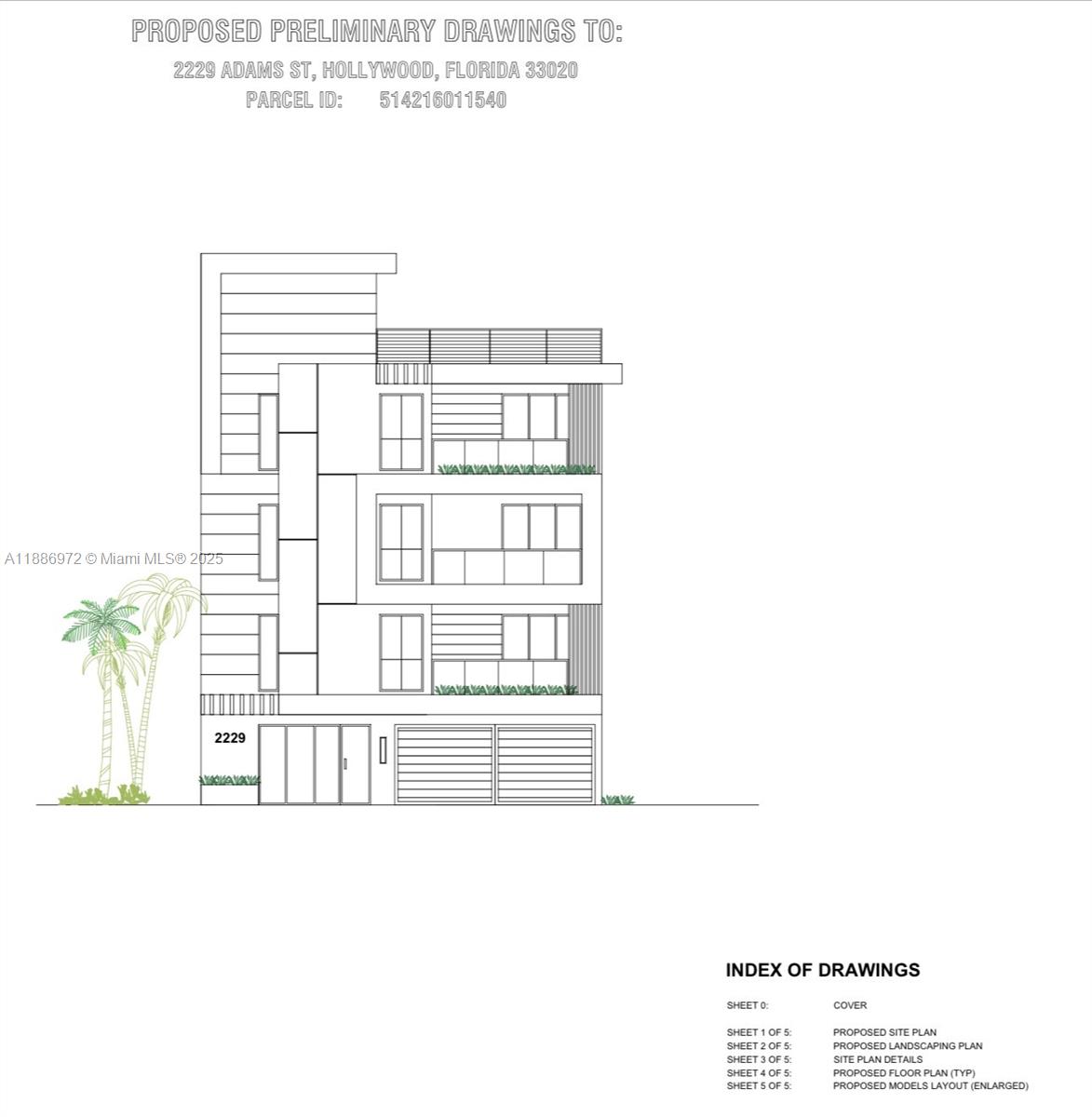 This is an architectural rendering of the front exterior of a modern three-story building — 2229 Adams St, Hollywood FL 33020, HOLLYWOOD, FL