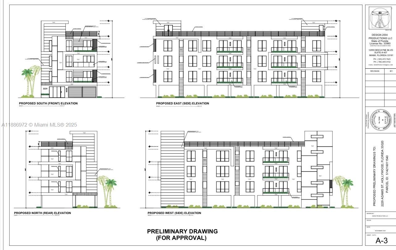 This architectural rendering shows the four exterior elevations of a proposed multi-story residential building — 2229 Adams St, Hollywood FL 33020, HOLLYWOOD, FL