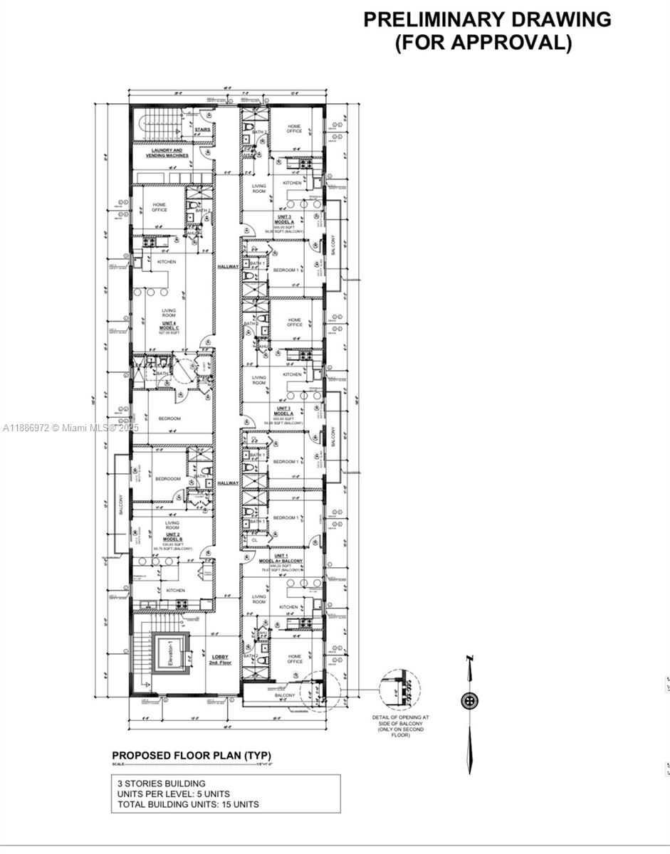 This is a preliminary floor plan for a three-story building containing fifteen residential units — 2229 Adams St, Hollywood FL 33020, HOLLYWOOD, FL