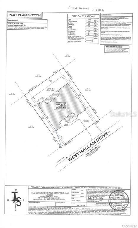 This is a plot plan sketch showing the proposed residence location on a residential lot — 671 W HALLAM DRIVE, DUNNELLON, FL