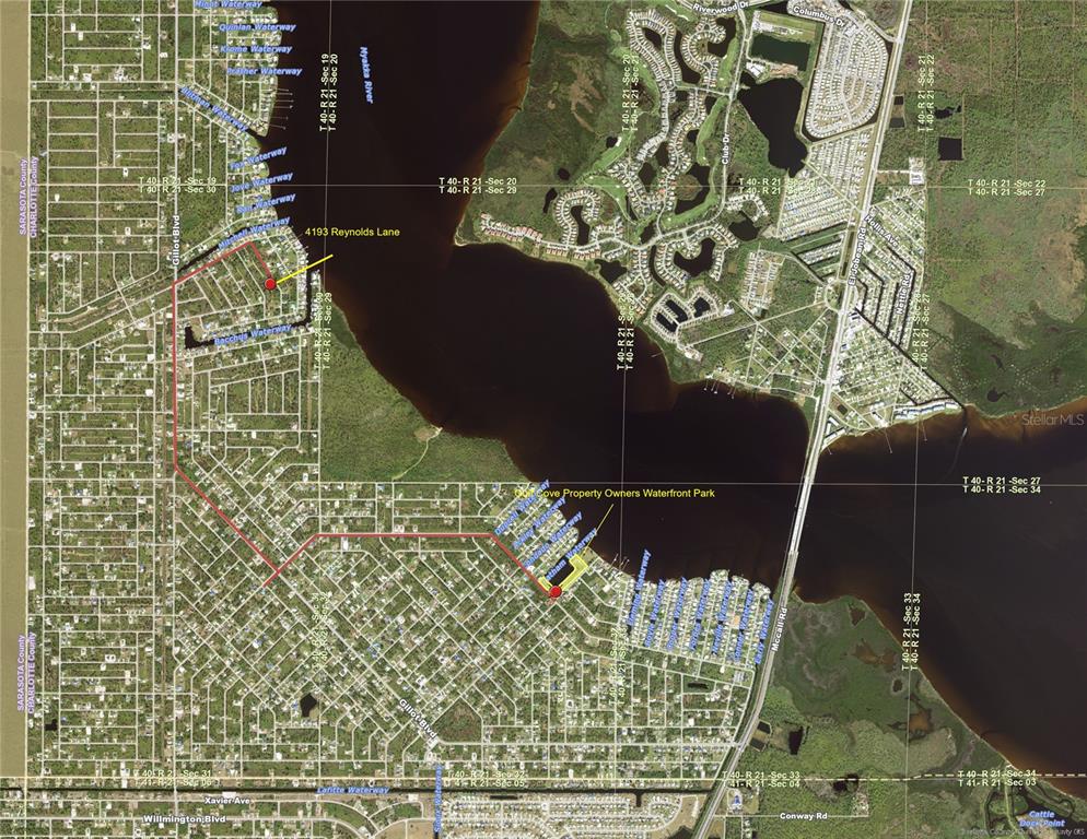This is an aerial map showing residential streets, waterways, and property locations in Florida — 4193 REYNOLDS LANE, PORT CHARLOTTE, FL