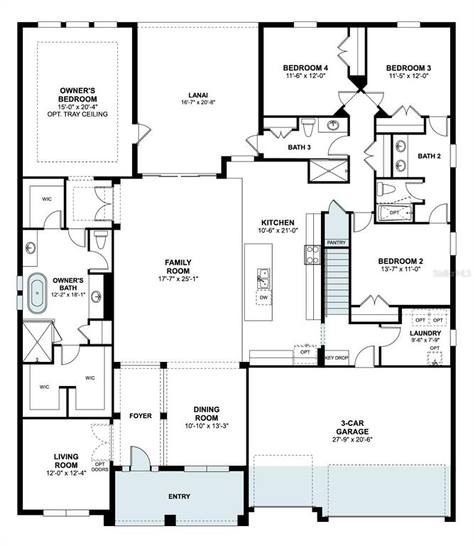This is a floor plan for a single-story house featuring four bedrooms and a garage — 2516 HAWKS OVERLOOK, OVIEDO, FL