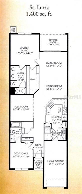 This is a floor plan for a 1,400-square-foot home named St. Lucia — 3550 FAIRWATERS COURT UNIT #C, CLERMONT, FL