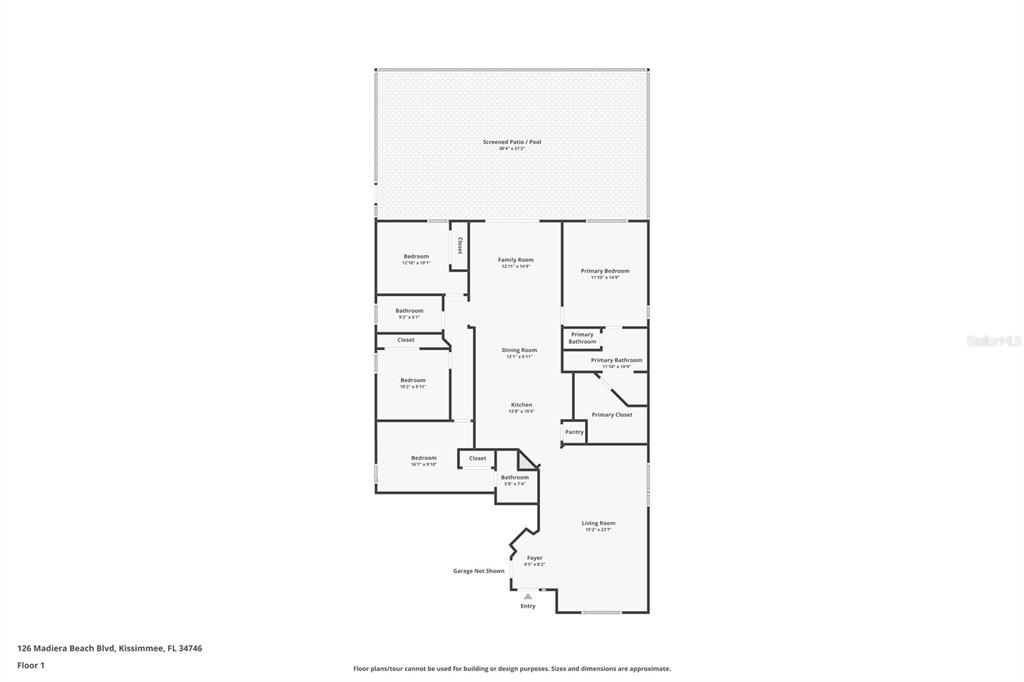 This is a floor plan of a single-story house featuring four bedrooms and a pool — 126 MADIERA BEACH BLVD, KISSIMMEE, FL
