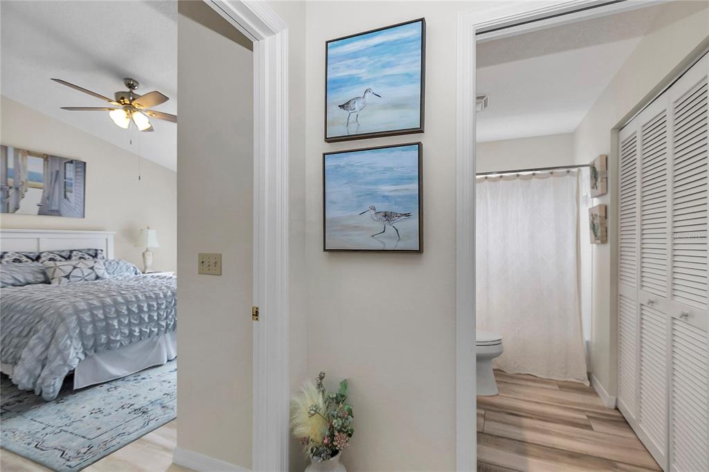 A hallway with two bird paintings connects a bedroom and a bathroom with louvered doors — 9185 SW 90TH STREET, OCALA, FL