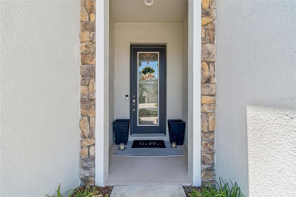 A front entryway features a dark gray door with a glass insert and stone accents — 4123 WINDCREST DRIVE, WESLEY CHAPEL, FL