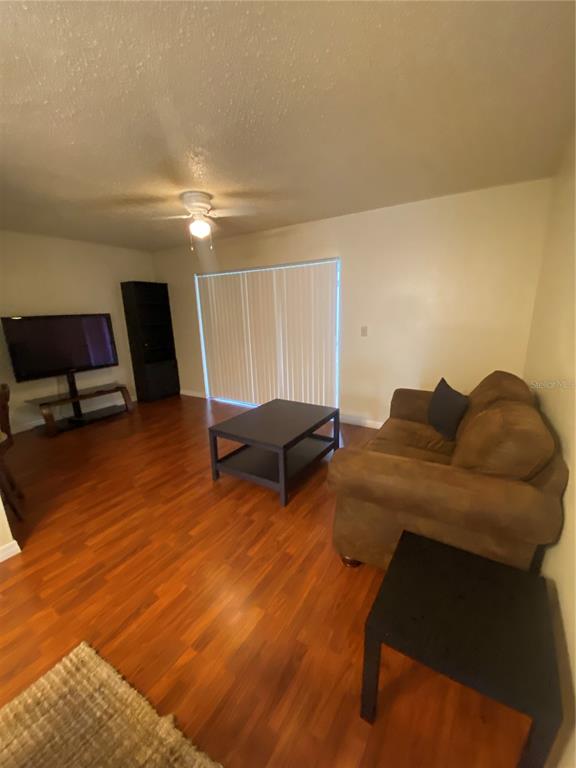 A living room features wood-look flooring, a brown sofa, a coffee table, and a television — 5166 SUNRIDGE PALMS DRIVE, TAMPA, FL