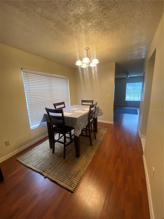 A dining room features a wooden table with four chairs, a textured rug, and hardwood floors — 5166 SUNRIDGE PALMS DRIVE, TAMPA, FL