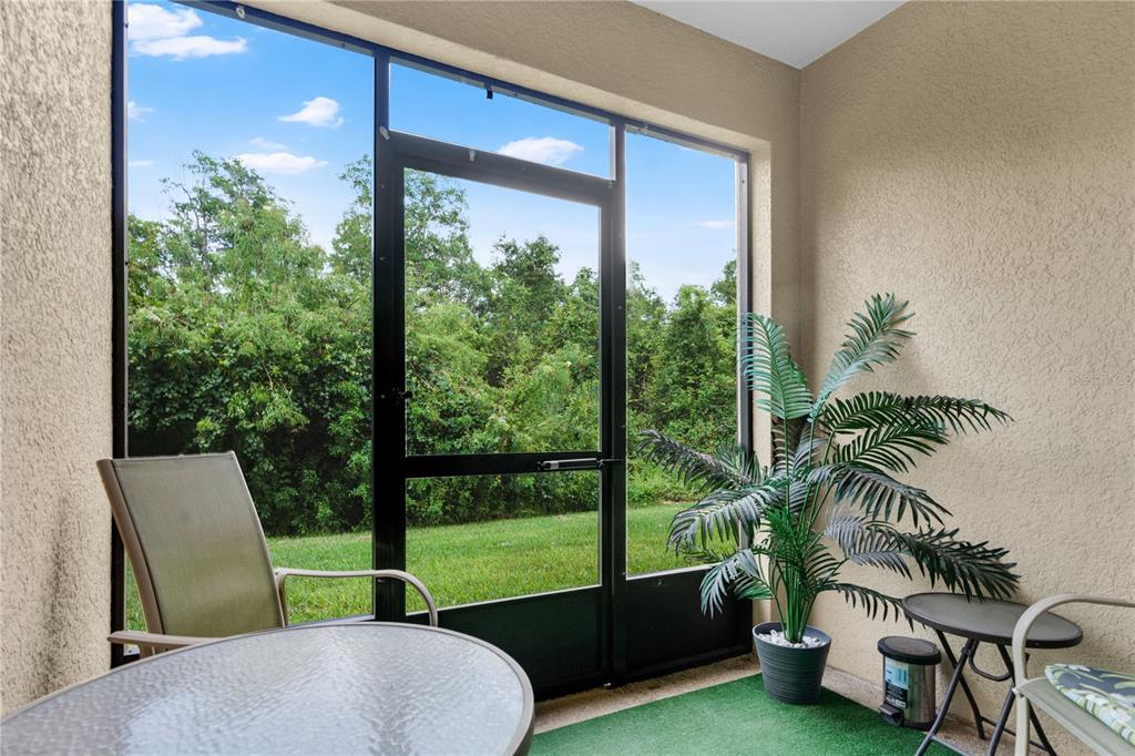 A screened-in patio features a glass-topped table, a potted palm, and a view of trees — 6067 APOLLOS CORNER WAY, ORLANDO, FL