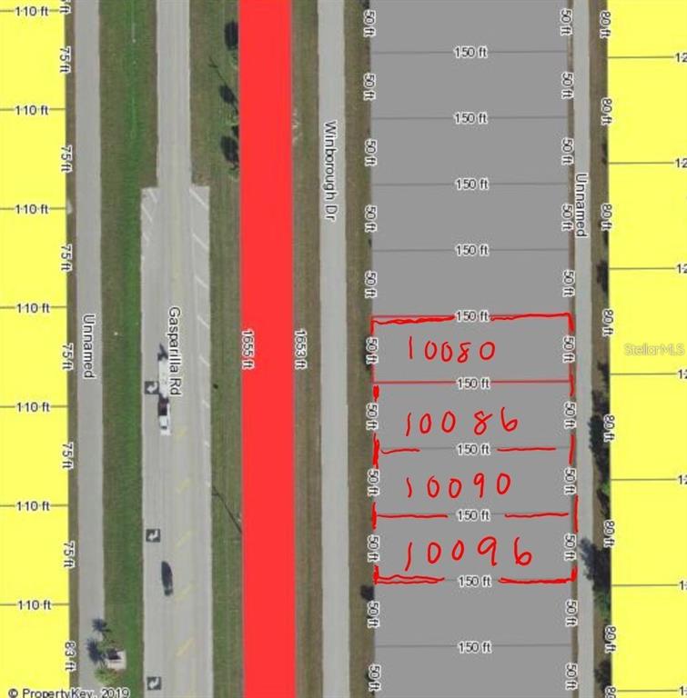 This is a property map showing four adjacent rectangular lots along a residential street — 10080 WINBOROUGH DRIVE, PORT CHARLOTTE, FL