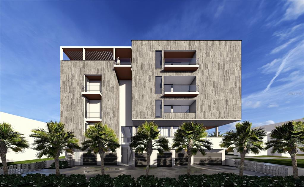 This is a digital rendering of a modern multi-story residential building with balconies and palm trees — 1923 5TH STREET, SARASOTA, FL