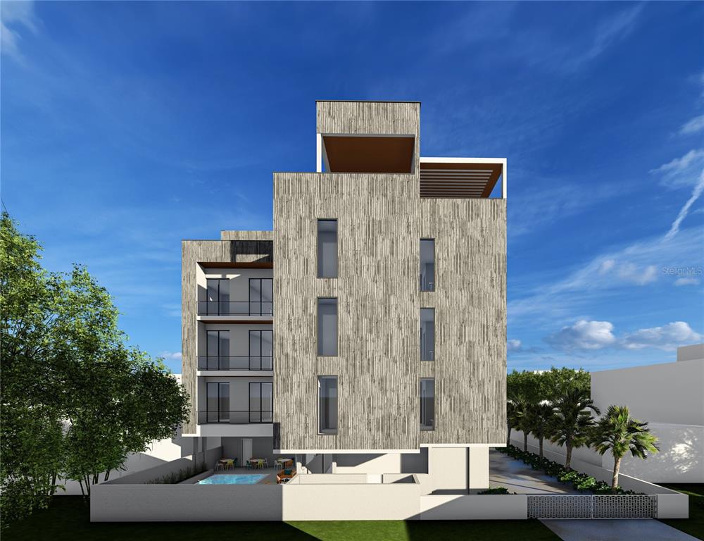 A digital rendering of a modern multi-story apartment building with balconies and a ground-level pool — 1923 5TH STREET, SARASOTA, FL