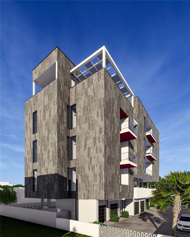 A digital rendering of a modern multi-story building featuring textured gray siding and red balconies — 1923 5TH STREET, SARASOTA, FL