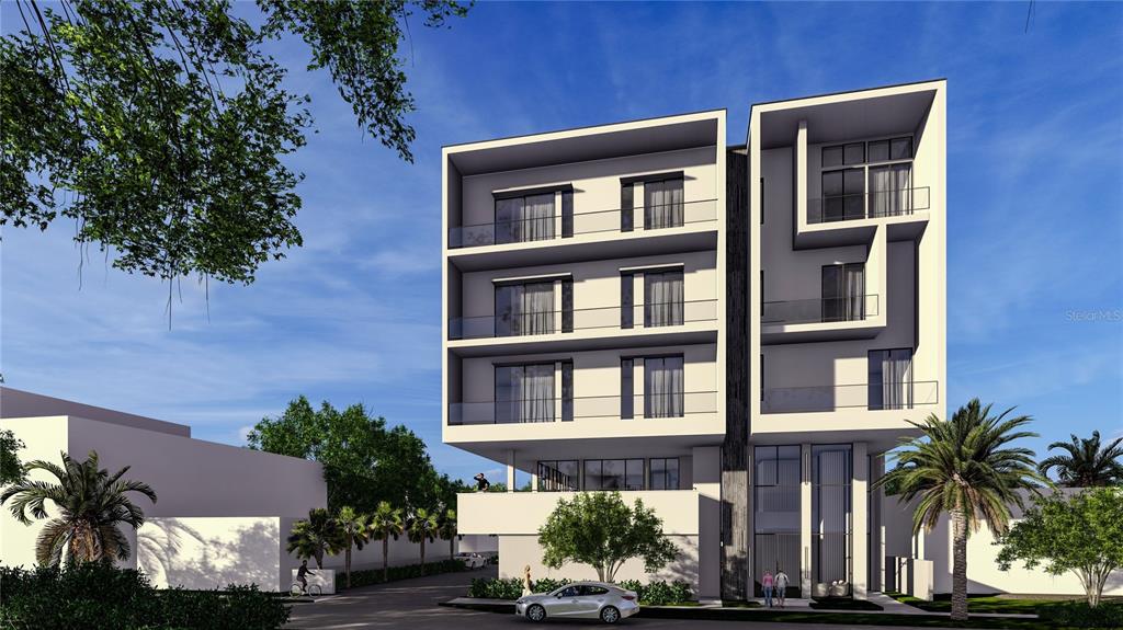 This is a digital architectural rendering of a modern, multi-story residential building with balconies — 1923 5TH STREET, SARASOTA, FL