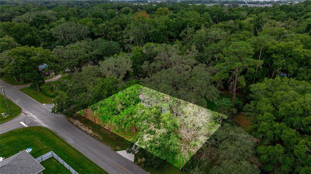 An aerial view shows a wooded residential lot highlighted in green next to a road — 5682 NW 53RD STREET, OCALA, FL