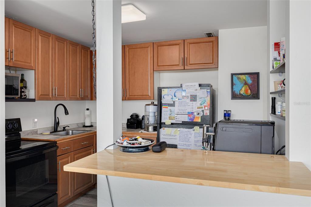 A kitchen with wood cabinets, a black stove, a sink, and a wooden breakfast bar — 841 4TH AVENUE N UNIT 38, ST PETERSBURG, FL