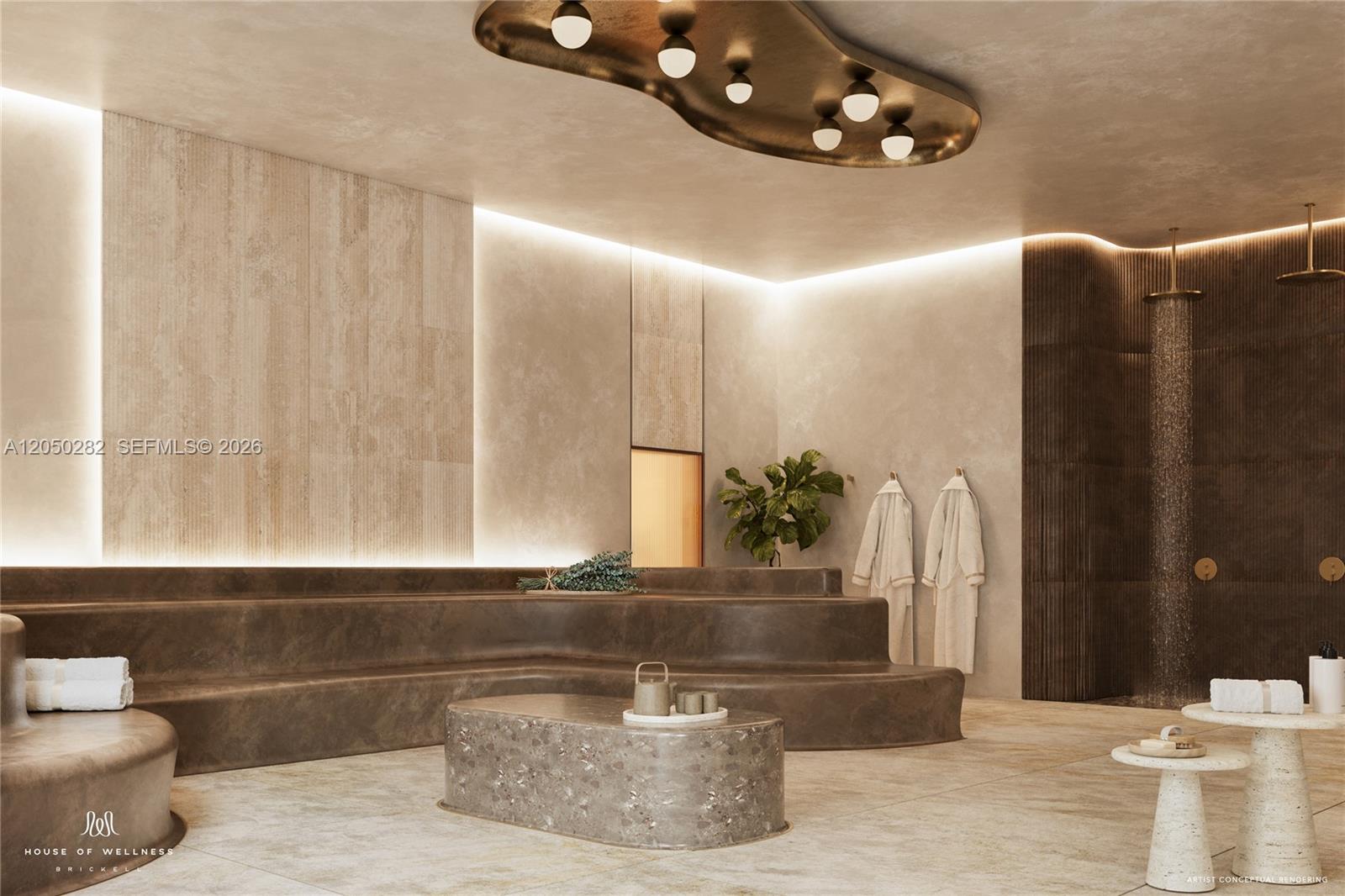 This is an artist rendering of a modern spa lounge with tiered seating and showers — 152 SW 9th st # 810, Miami FL 33130, MIAMI, FL