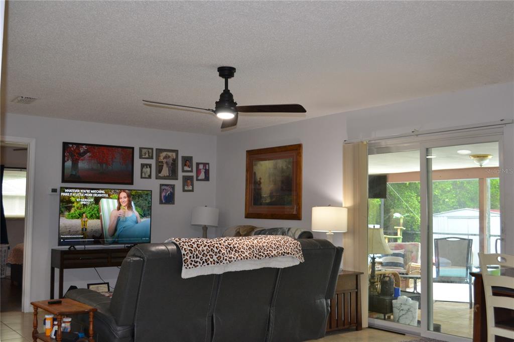 A living room features a dark ceiling fan, a television, a sofa, and sliding glass doors — 6496 TOLEDO ROAD, SPRING HILL, FL