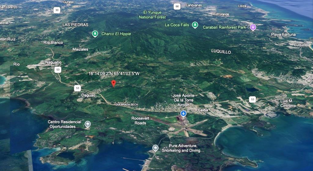 This is a satellite map view of the eastern region of Puerto Rico — Lot 7 Km 61 PR-3 Int DAGUAO WARD, CEIBA, PR