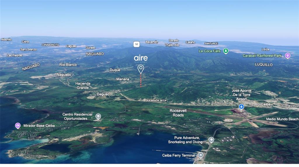 This is an aerial map view of the Naguabo and Ceiba regions in Puerto Rico — Lot 7 Km 61 PR-3 Int DAGUAO WARD, CEIBA, PR