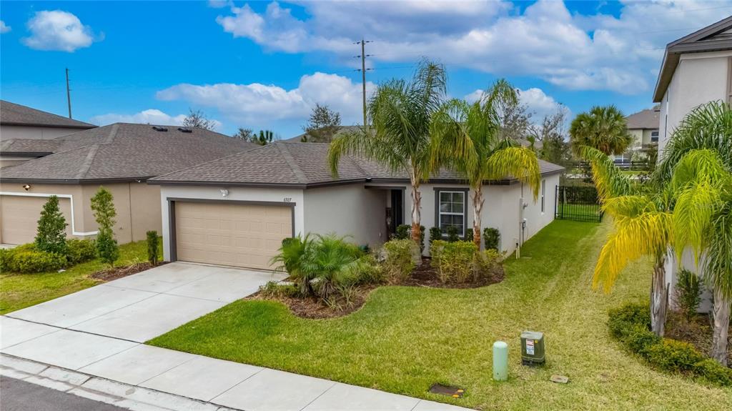 A single-story house with a beige garage, gray roof, and palm trees in the front yard — 6927 SHELBY LYNN WAY, ZEPHYRHILLS, FL