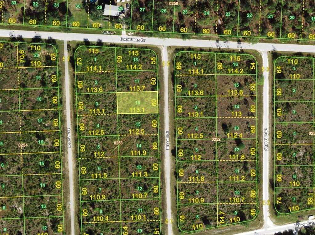 This is an aerial map showing residential land parcels and street layouts — 13213 BISSELL DRIVE, PUNTA GORDA, FL