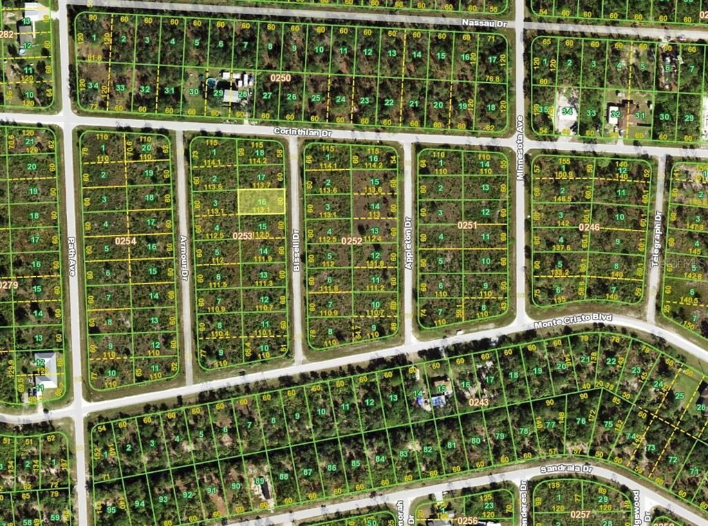 This is an aerial map showing residential land parcels and street layouts — 13213 BISSELL DRIVE, PUNTA GORDA, FL