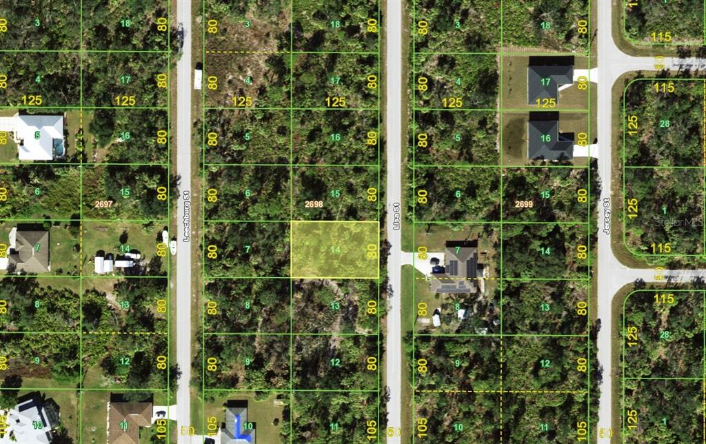 This is a satellite map showing residential land parcels and street layouts — 3295 LISA STREET, PORT CHARLOTTE, FL