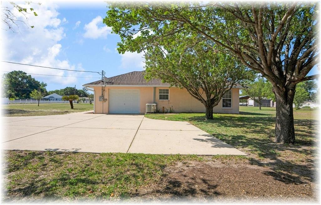 A single-story house with a garage and a large concrete driveway under a leafy tree — 8740 SE 61 AVENUE, OCALA, FL