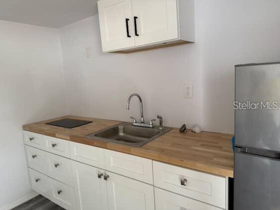 A small kitchenette features white cabinets, a wood countertop, a stainless steel sink, and refrigerator — 5500 N ROME AVENUE UNIT 29, TAMPA, FL