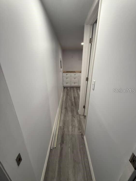 A narrow hallway with grey wood-look flooring leads to a white cabinet unit — 5500 N ROME AVENUE UNIT 29, TAMPA, FL