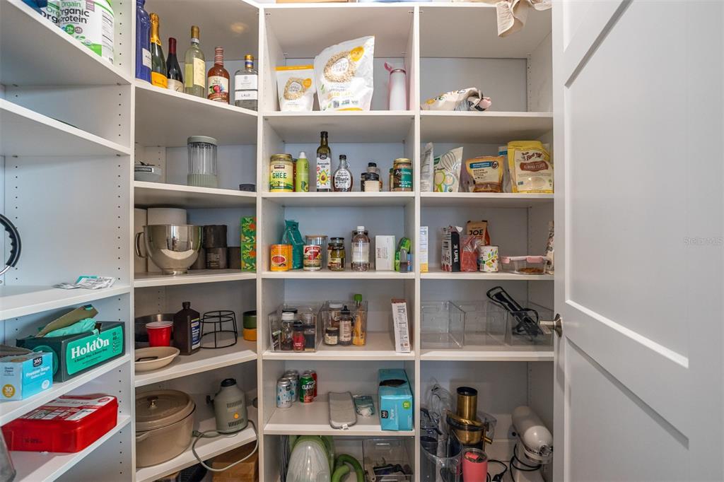 A well-organized walk-in pantry features white shelving filled with various food items and appliances — 4722 LEGACY PARK DRIVE, TAMPA, FL