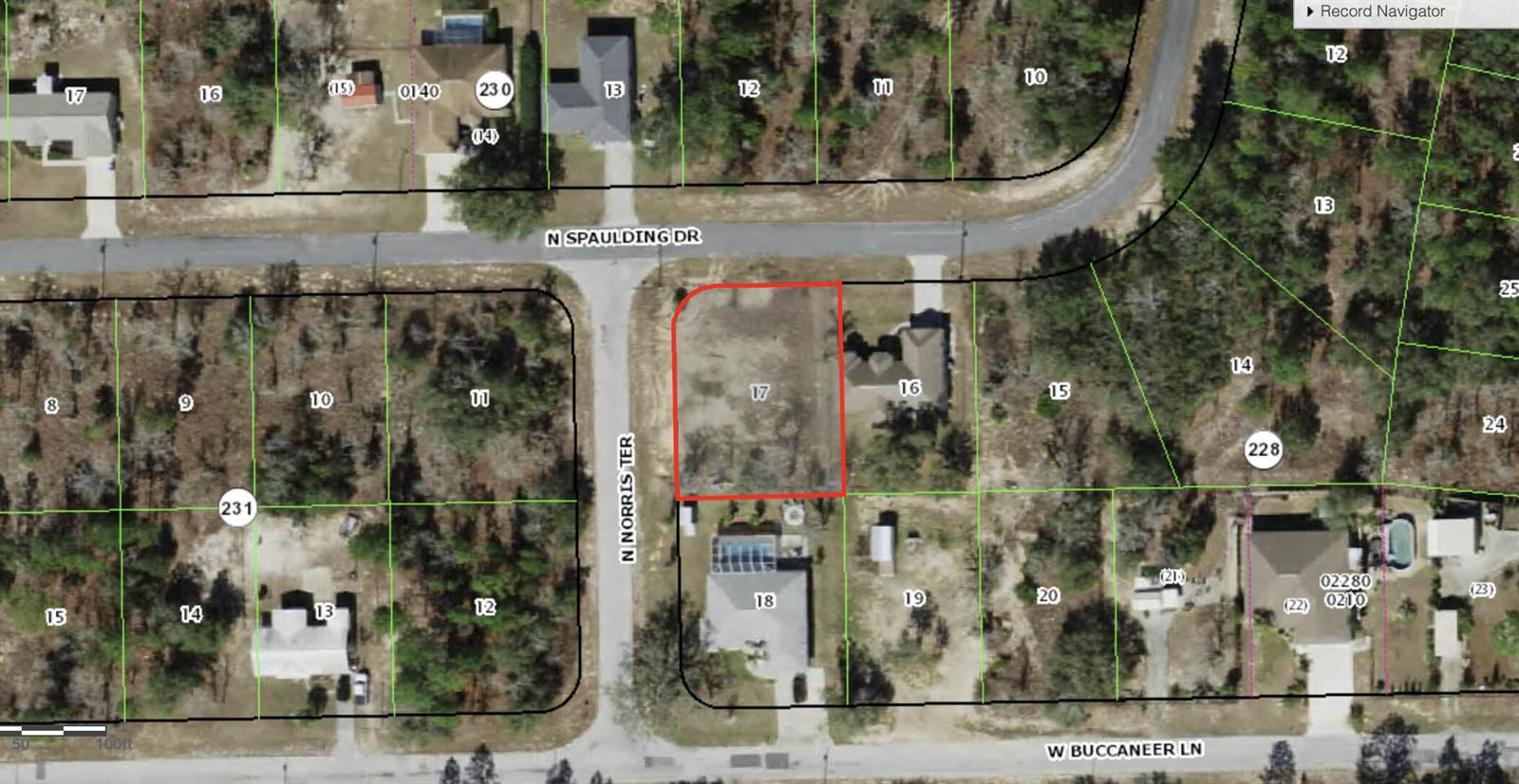 This is an aerial map showing a vacant residential lot outlined in red — 10298 N Spaulding Drive, FL 34433, FL