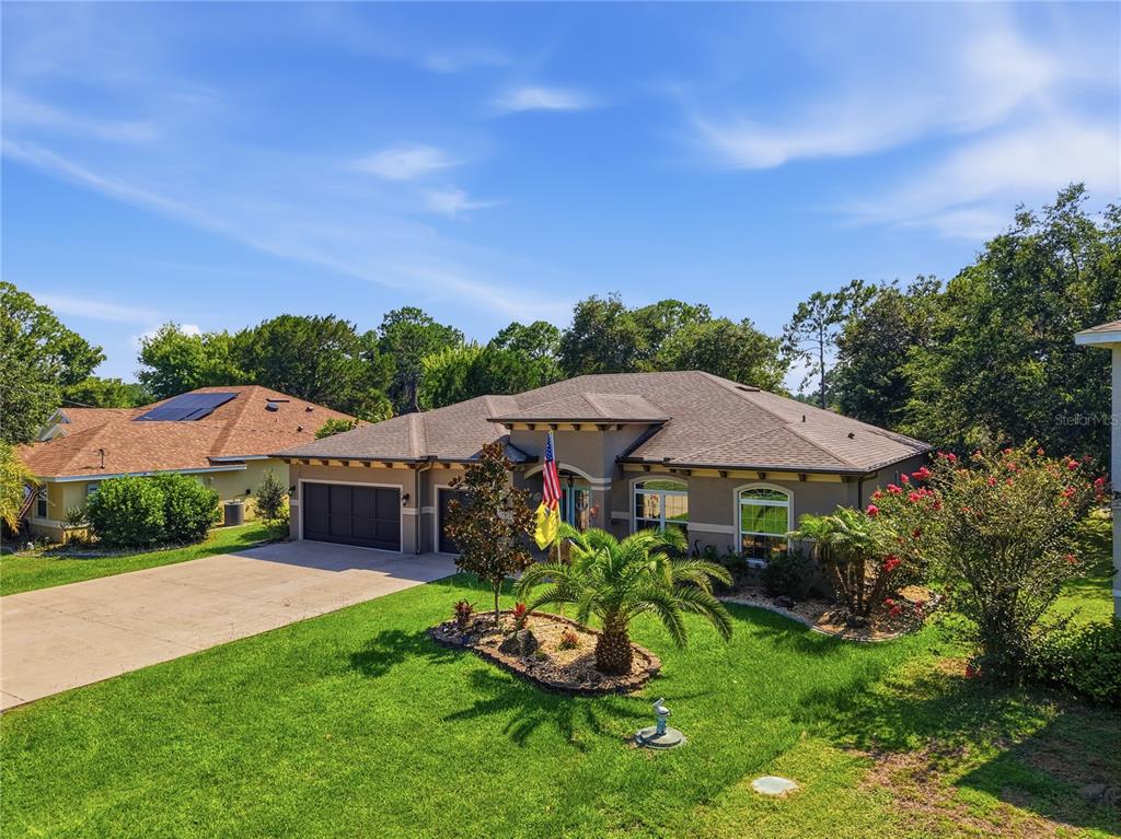 A single-story house with a tan stucco exterior, a dark roof, and a front lawn — 225 BIRCHWOOD DRIVE, PALM COAST, FL