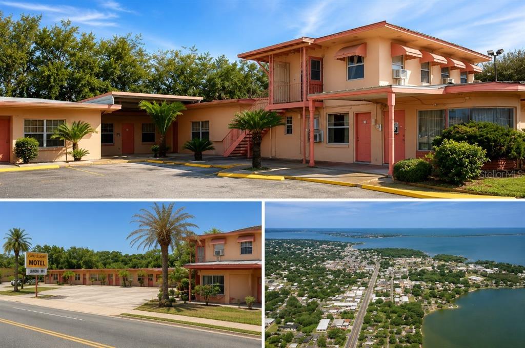 A collage showing the exterior of a two-story motel, its parking lot, and an aerial view — 1306 S 14TH STREET, LEESBURG, FL