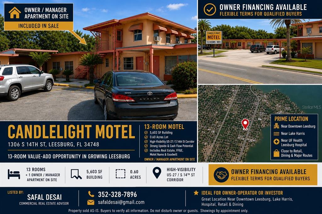 This real estate flyer shows a two-story motel building with an exterior corridor and parking — 1306 S 14TH STREET, LEESBURG, FL